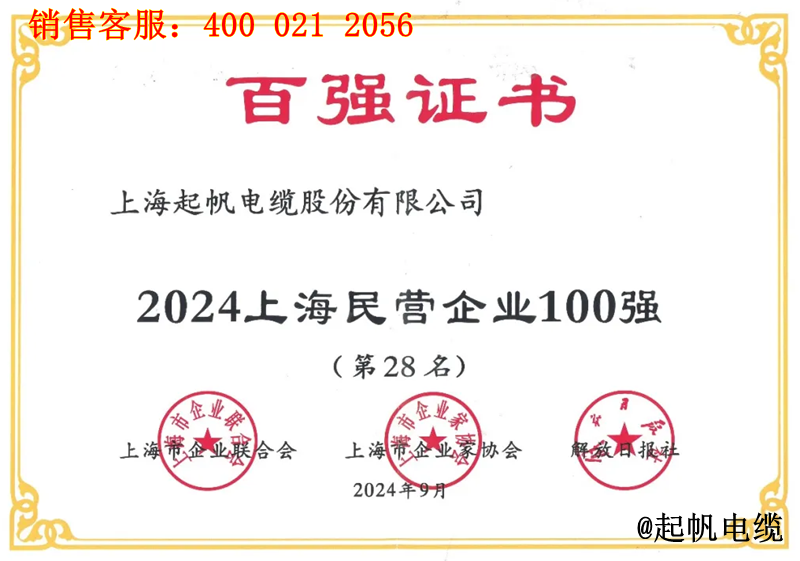 3.起帆電纜入圍2024年上海民營企業100強第28名 3.起帆電纜入圍2024年上海民營企業100強第28名