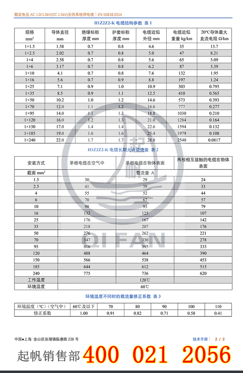H1Z2Z2-K光伏電纜結構參數